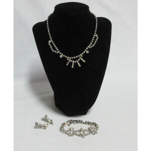 VTG Clear Rhinestone Choker Swag Necklace,Bracelet & Pair Screwback Earrings,
